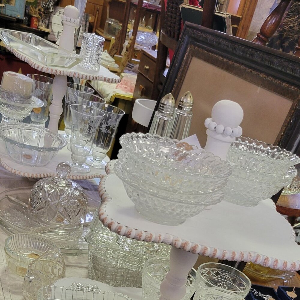 Set of 2 - 2 Tier White Wood Display Stands